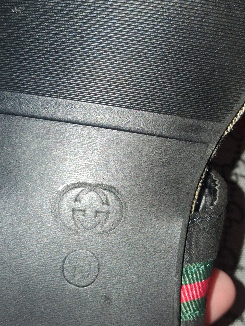 Gucci Gray GG Canvas Slides with Black Straps and Green-Red Webbing - Picture 3 of 5